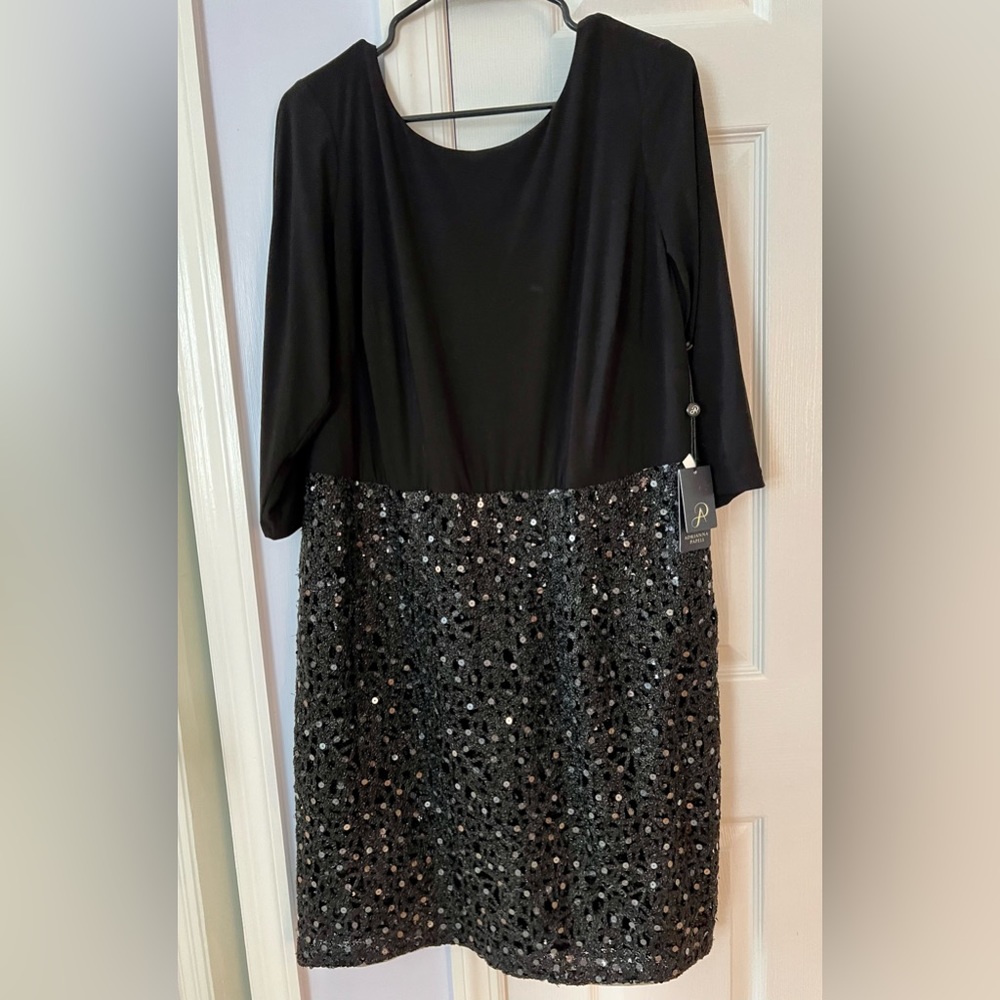 NWT Adrianna Papell Cocktail Dress- Black 3/4 Sleeve with Sequin Skirt- 16W